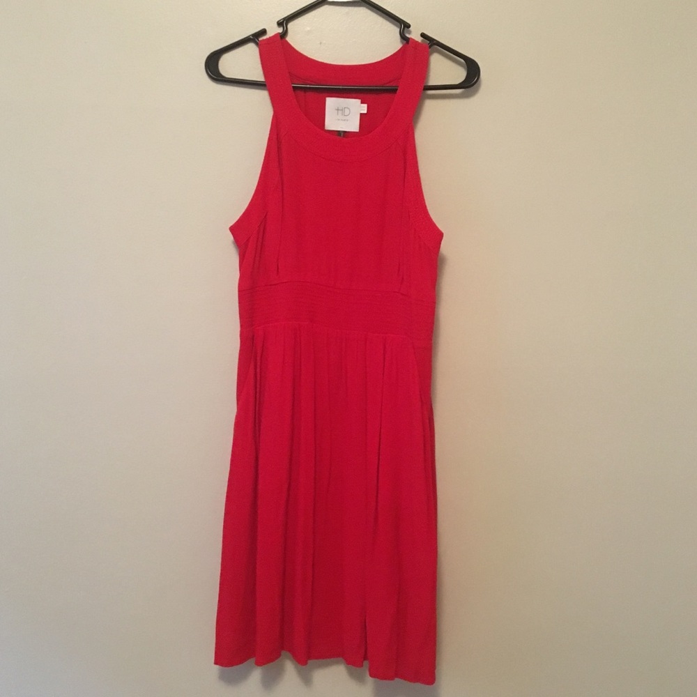Red high necked, defined waist dress